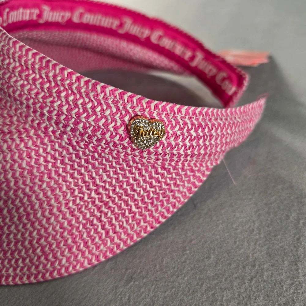 Juicy Couture Pink Woven Straw Visor Sun Hat Rhinestone Heart Charm NWT One Size